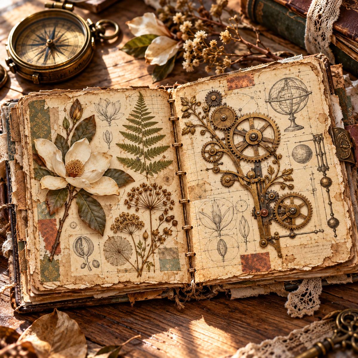 Photorealistic handmade steampunk journal open on craft desk