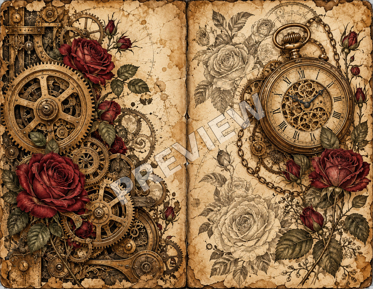 Steampunk junk journal paper spread 1 of 12, Clockwork roses, marked PREVIEW