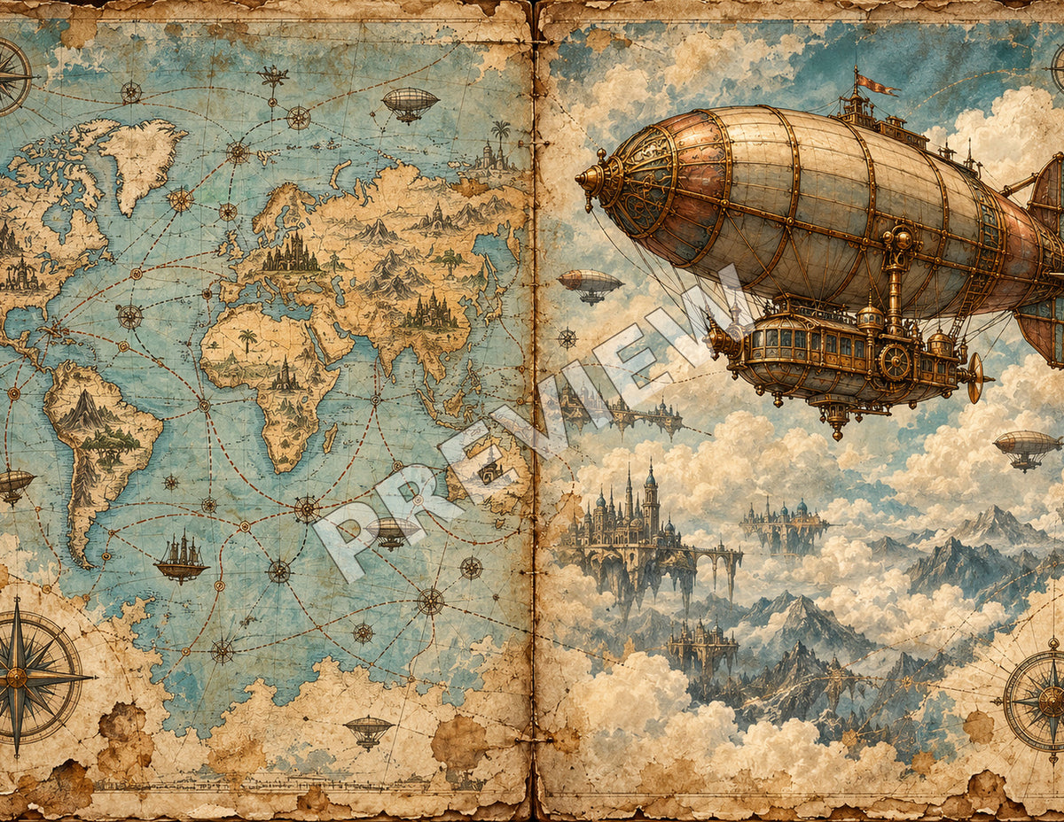Steampunk junk journal paper spread 2 of 12, Airship map, marked PREVIEW