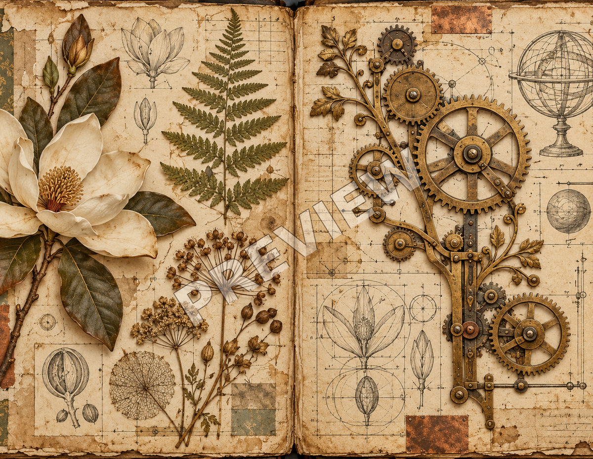 Steampunk junk journal paper spread 3 of 12, Botanical gears, marked PREVIEW