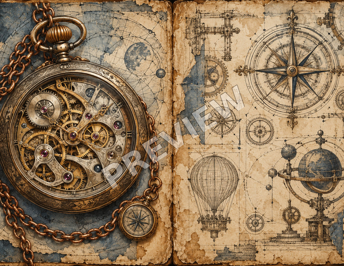 Steampunk junk journal paper spread 4 of 12, Pocket watch blueprint, marked PREVIEW