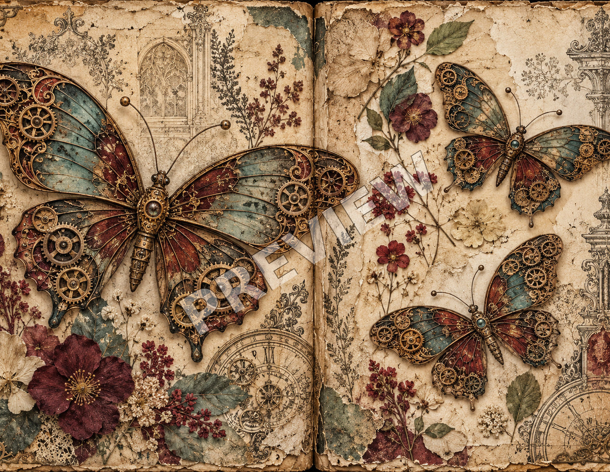Steampunk junk journal paper spread 5 of 12, Mechanical butterflies, marked PREVIEW