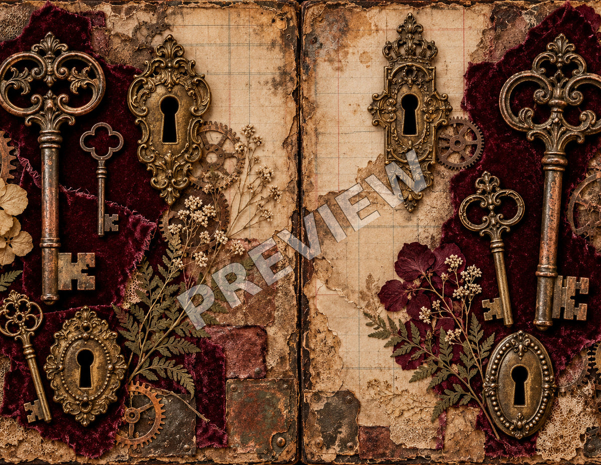 Steampunk junk journal paper spread 6 of 12, Antique keys, marked PREVIEW