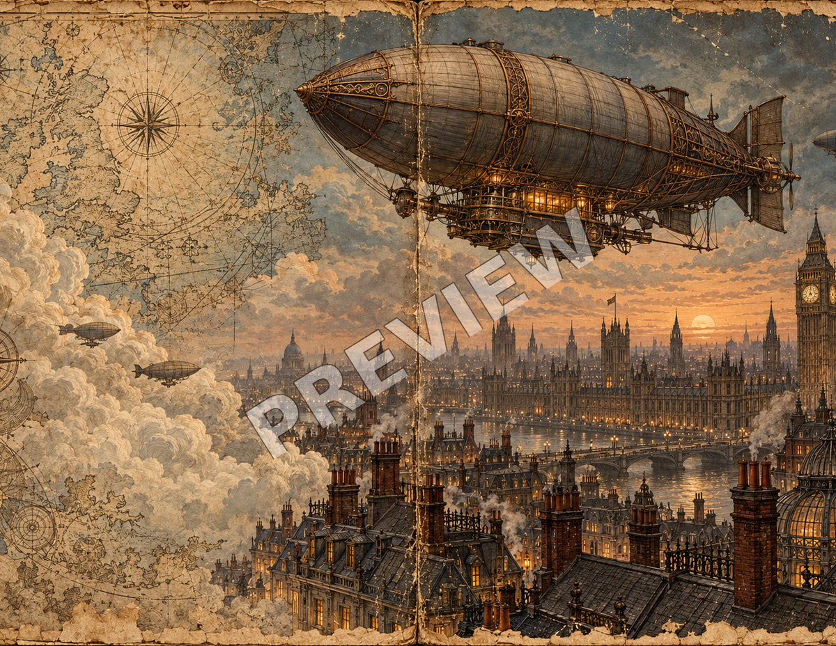 Steampunk junk journal paper spread 7 of 12, London dirigible, marked PREVIEW