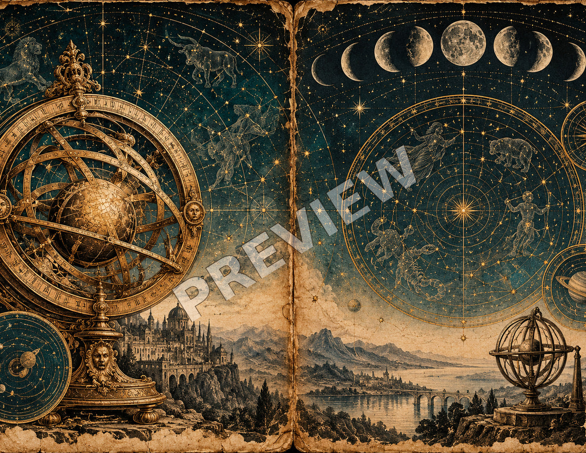 Steampunk junk journal paper spread 8 of 12, Copper astrolabe, marked PREVIEW