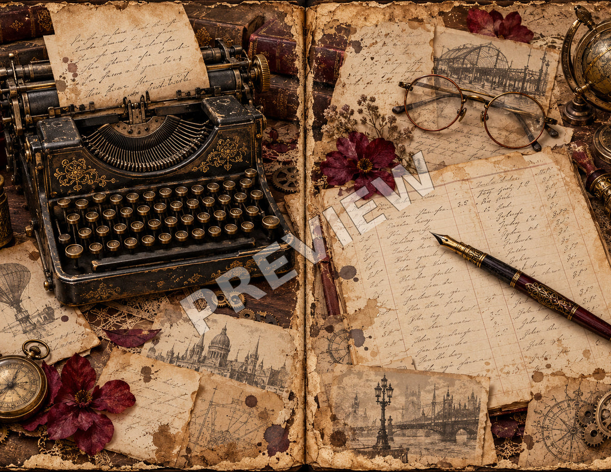 Steampunk junk journal paper spread 9 of 12, Typewriter ledger, marked PREVIEW