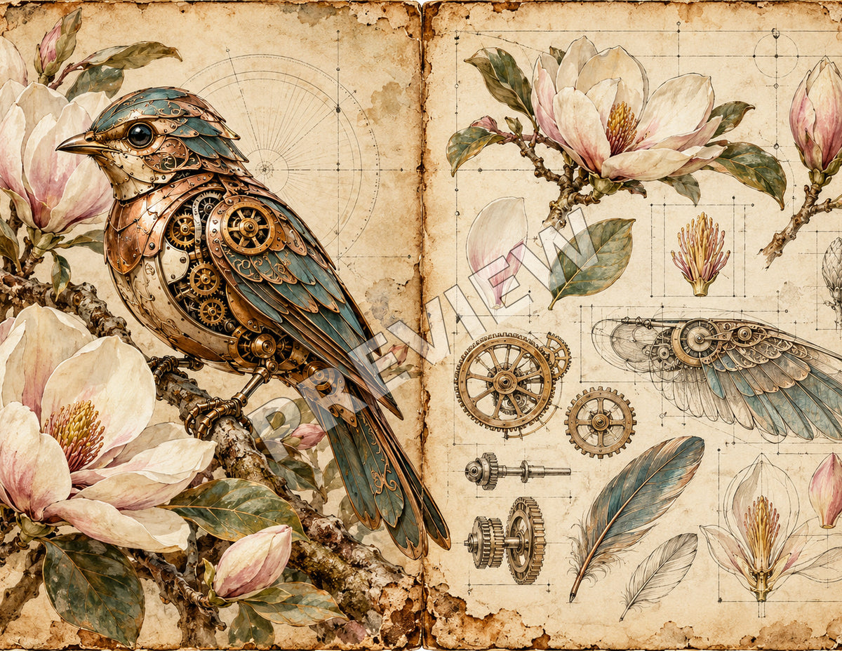 Steampunk junk journal paper spread 10 of 12, Automaton songbird, marked PREVIEW