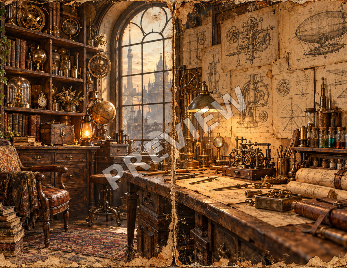 Steampunk junk journal paper spread 11 of 12, Inventor’s workshop, marked PREVIEW