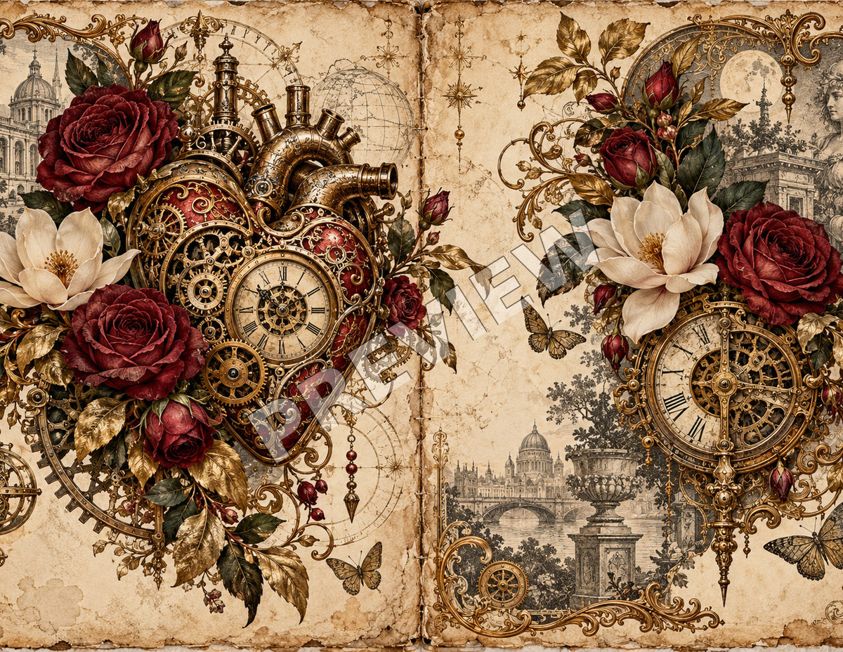 Steampunk junk journal paper spread 12 of 12, Clockwork heart, marked PREVIEW