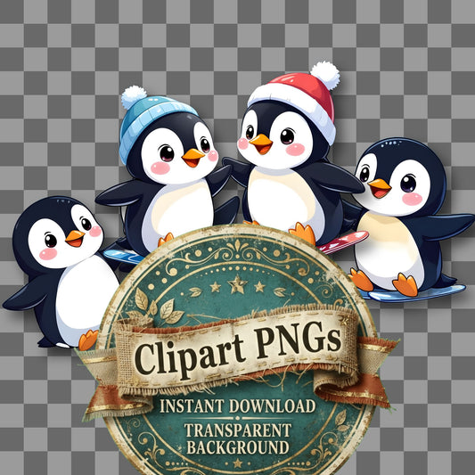 Two Chibi Penguins Sliding Clipart Pngs