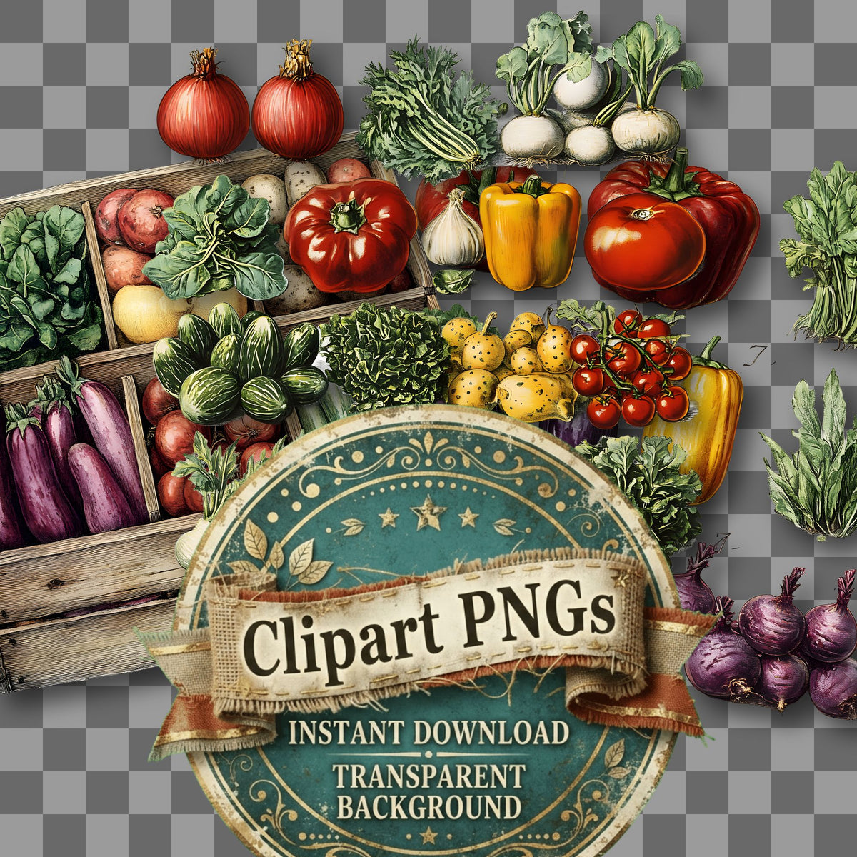 Vegetables Vintage Style Clipart Pngs