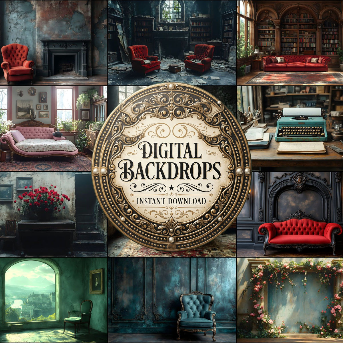 Victorian Cinematics vintage digital photography backdrops, preview of the downloadable set