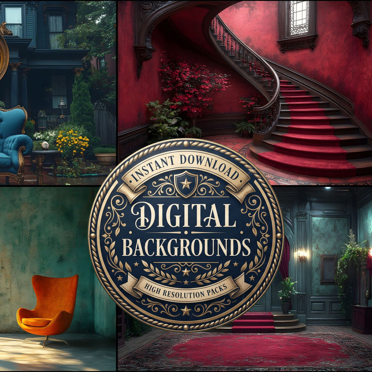 Victorian Cinematics vintage digital photography backdrops, preview of the downloadable set