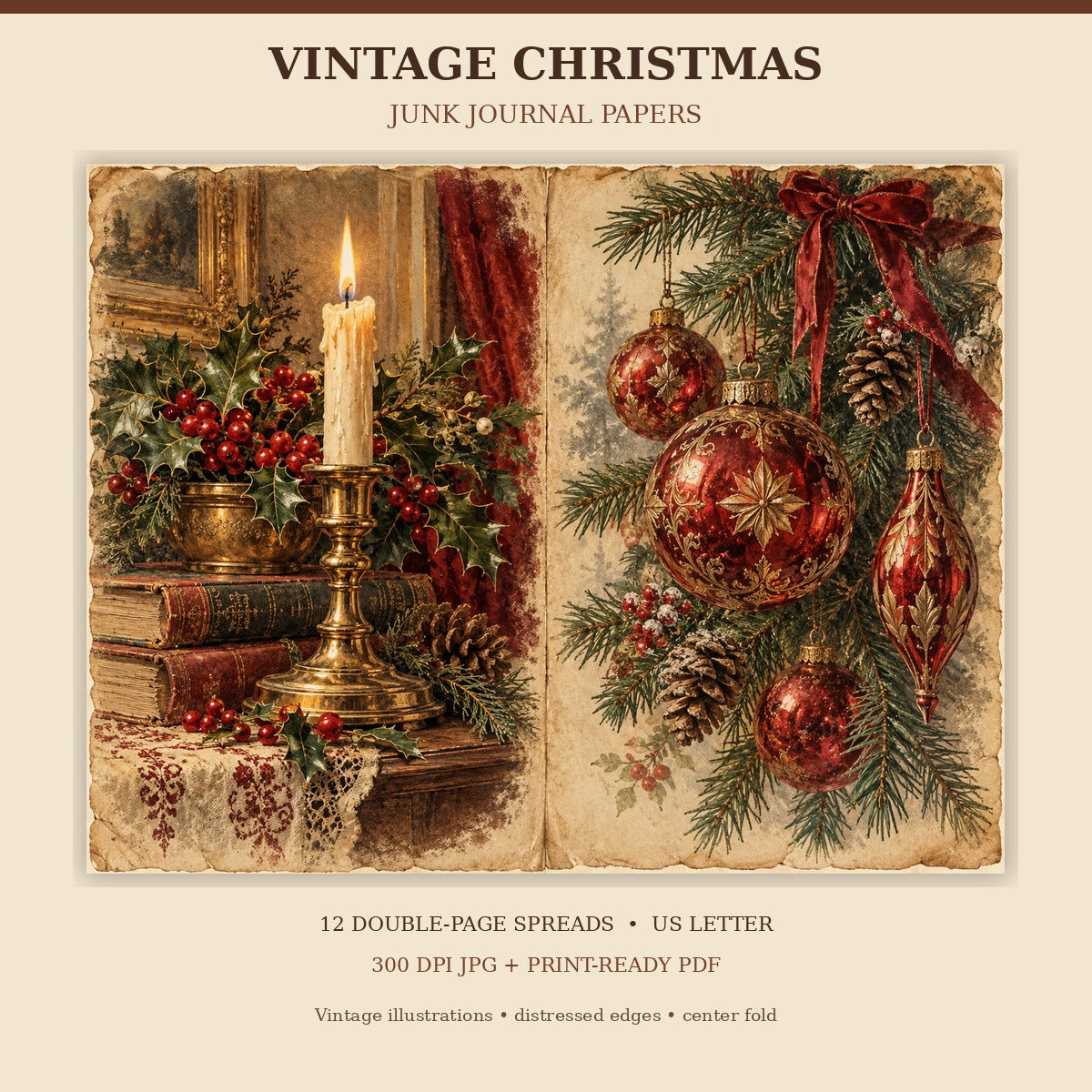 Vintage Christmas paper set cover with holly and ornament double-page spread