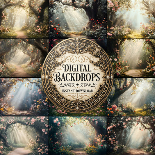 Vintage Forest With Oversized Flowers Backdrop Images