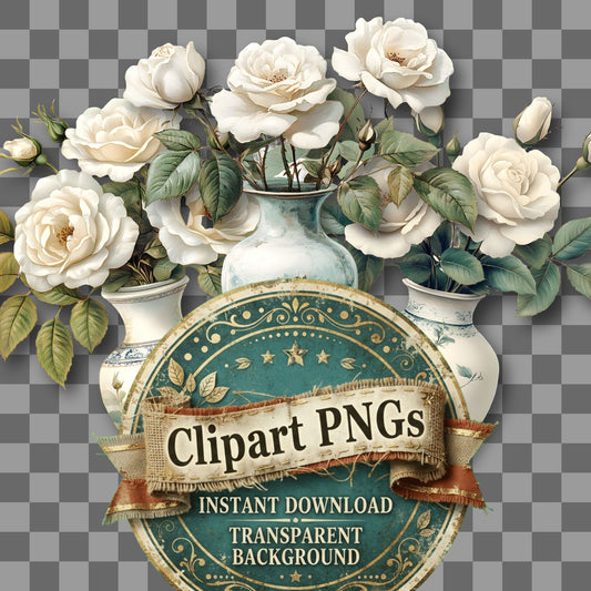 White Rosease Vintage Style Clipart Pngs