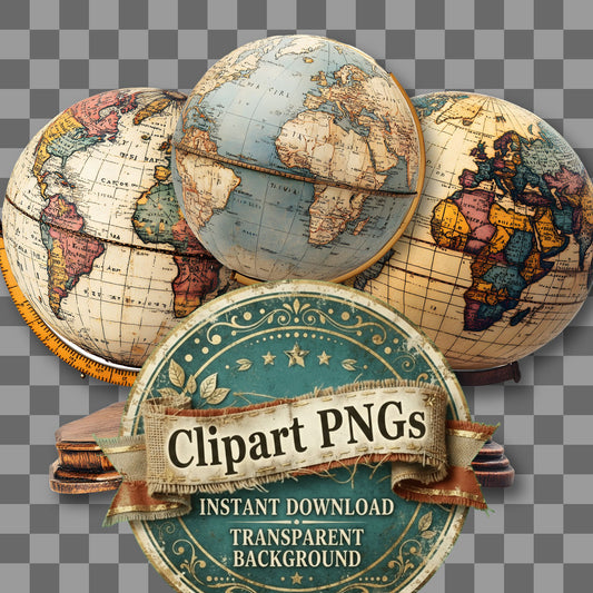 World Globe Vintage Style Clipart Pngs