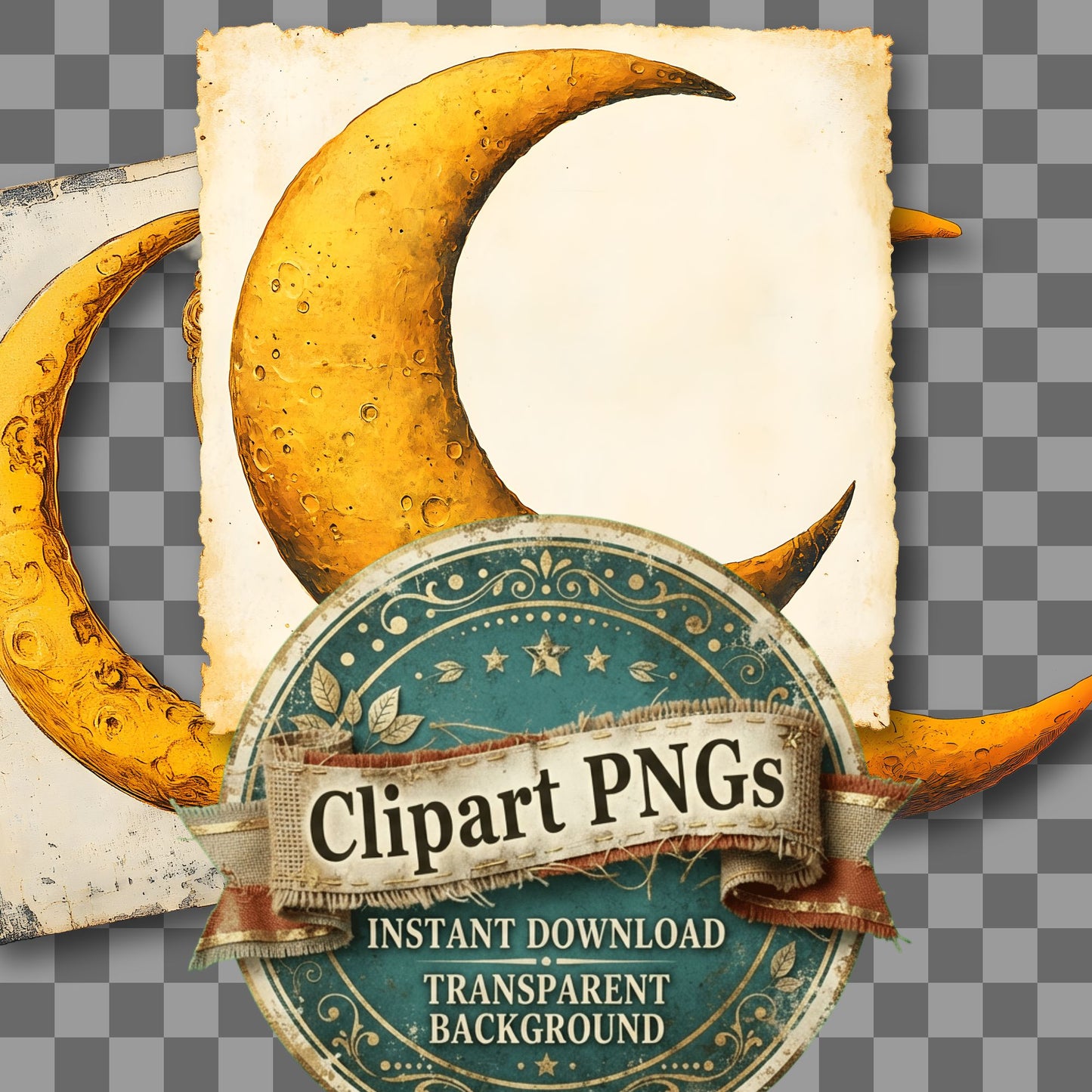 Yellow Crescent Moon Vintage Style Clipart Pngs