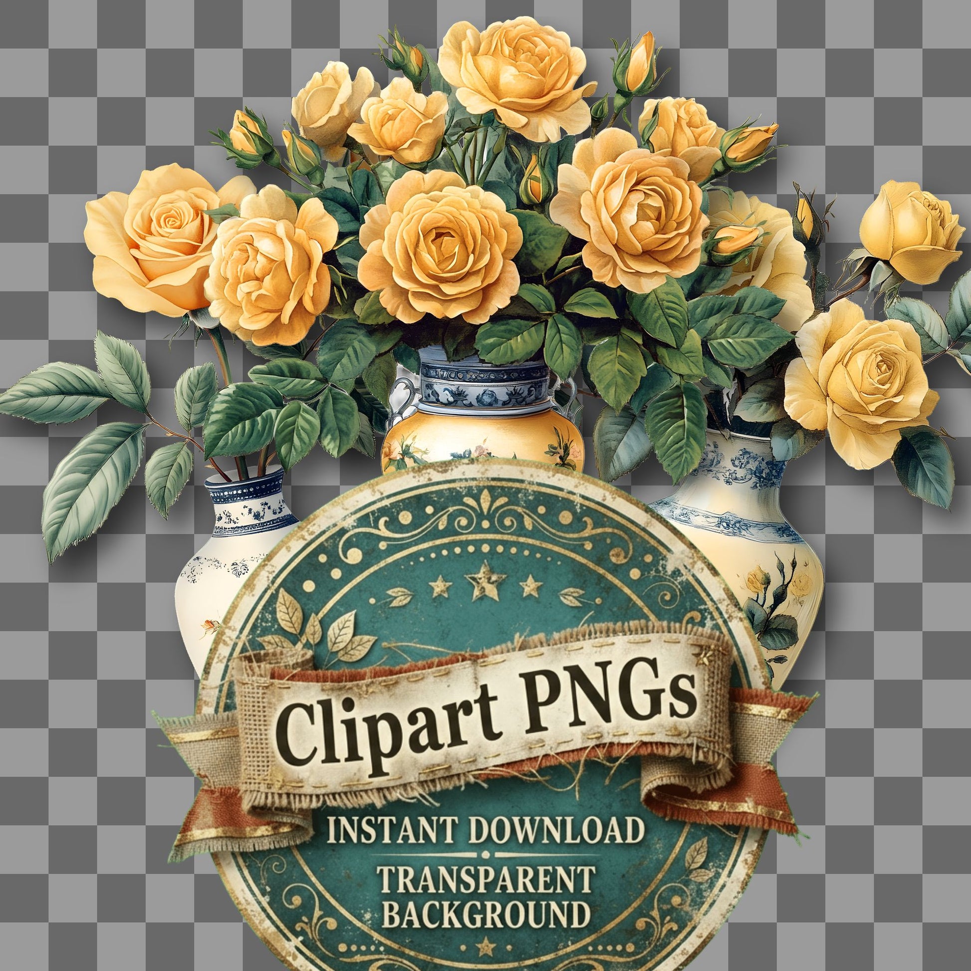 Yellow Rosease Vintage Style Clipart Pngs